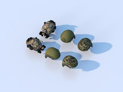 Various Camouflage And Green Safety Helmets As Essential Daily Living Supplies 3d model
