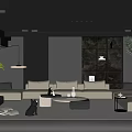 Modern Living Room Interior Featuring Beige Sofa Dark Wooden Shelves Green Plants And Hanging Lights