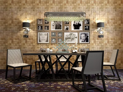 Dining Table Set With Chairs Photo Wall Chandelier And Brick Wall In Modern Interior 3d model