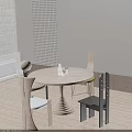 White Round Dining Table with Black and White Chairs Perforated Wall Panel and Shutter Window 3d model