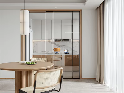 Elegant Modern Dining Living Room Interior With Round Wooden Table Woven Chairs And Marble Counter 3d model