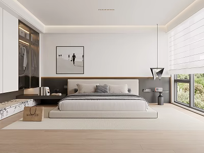 Modern Bedroom Interior With Platform Bed Artwork Blinds And Wooden Flooring 3d model
