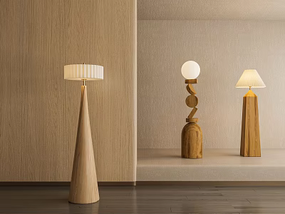 Modern Wooden Floor Lamps With Stylish Shades And Unique Bases In Interior 3d model