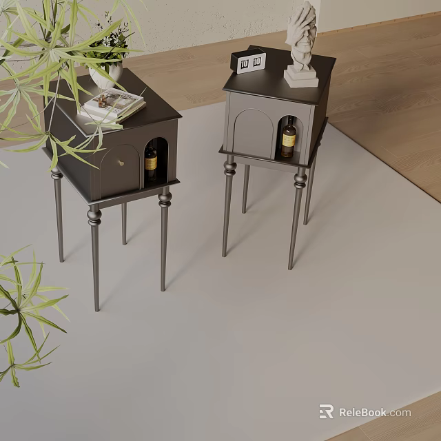 Modern Stylish Metal Storage Cabinets With High Legs And Decorative Top Items 3d model 