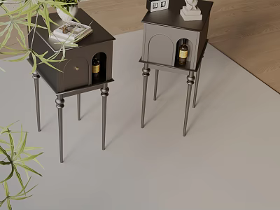 Modern Stylish Metal Storage Cabinets With High Legs And Decorative Top Items 3d model
