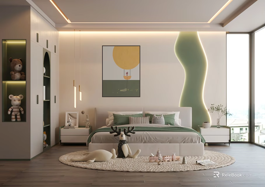 Modern Kids Room Interior With Green Wavy Wall Sun Painting Round Rug And Stuffed Toys 3d model 