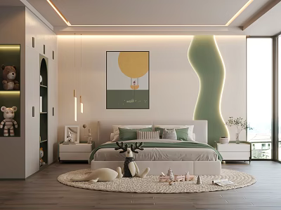 Modern Kids Room Interior With Green Wavy Wall Sun Painting Round Rug And Stuffed Toys 3d model