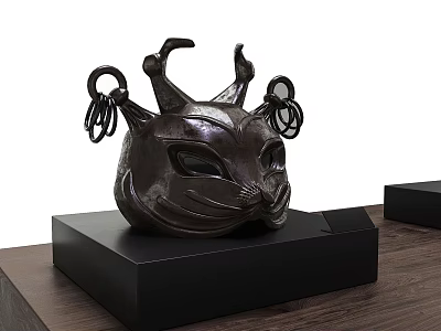 Ornate Black Cat Face Mask With Horns Ring Decorations On Wooden Table 3d model