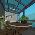 Modern Villa Balcony with Glass Roof Large Windows Table Chairs and Green Plants