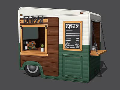 Pizza Food Truck With Wooden And Green Design Chalkboard Menu Counter And Window 3d model