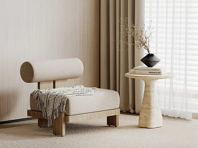 Beige Leisure Chair With Cylindrical Cushion Wooden Legs Featuring Cozy Side Table Vase And Books 3d model