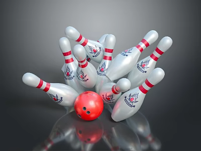 White Bowling Pins And Red Bowling Ball In Scattered Arrangement As Household Items 3d model
