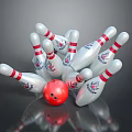 White Bowling Pins And Red Bowling Ball In Scattered Arrangement As Household Items