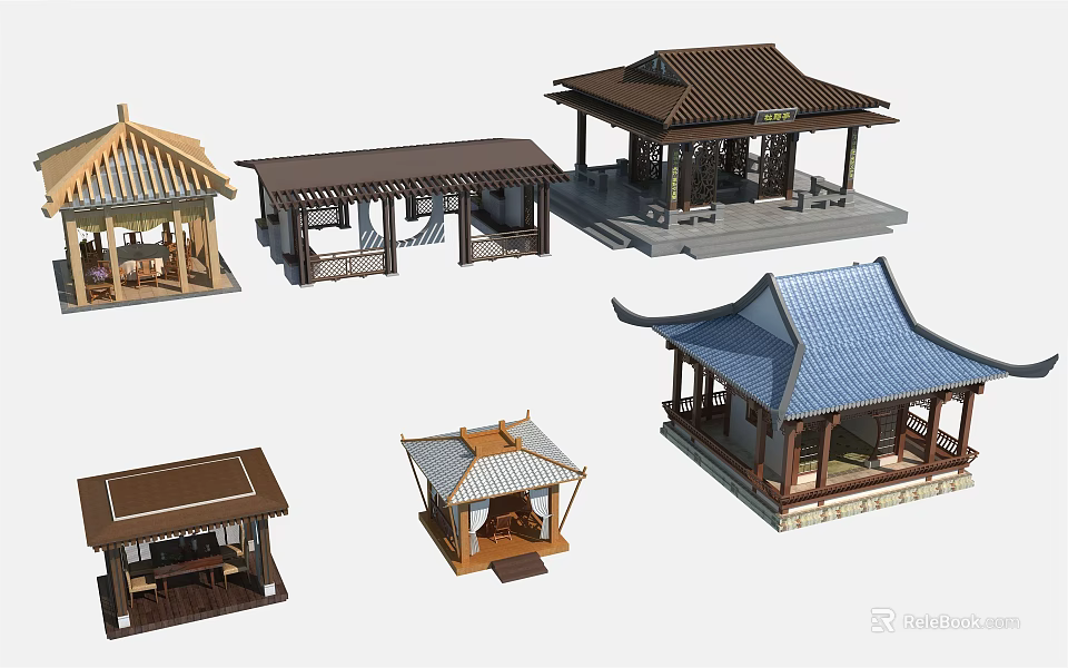 Multiple Traditional Garden Pavilions Featuring Diverse Roof Designs And Wooden Frames 3d model 