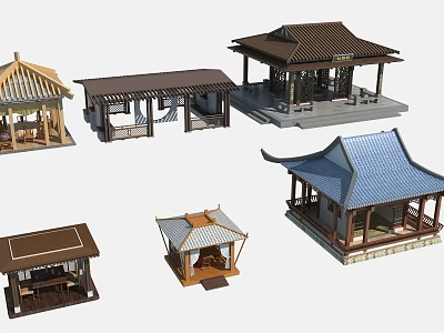 Multiple Traditional Garden Pavilions Featuring Diverse Roof Designs And Wooden Frames 3d model