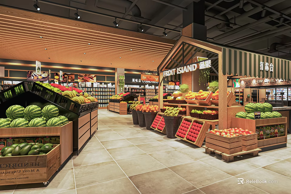 Supermarket Fruit Island Section With Fresh Watermelons Apples And Wooden Shelves 3d model 