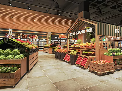 Supermarket Fruit Island Section With Fresh Watermelons Apples And Wooden Shelves 3d model