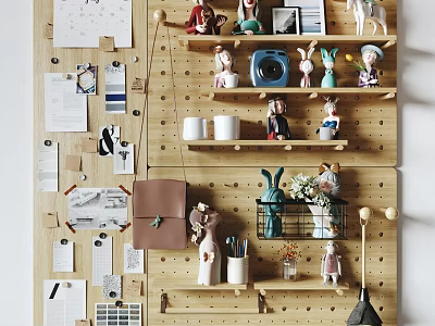 Wooden Pegboard Wall Decor With Shelves Small Figurines Mugs Photos And Decorative Items 3d model