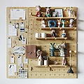 Wooden Pegboard Wall Decor With Shelves Small Figurines Mugs Photos And Decorative Items