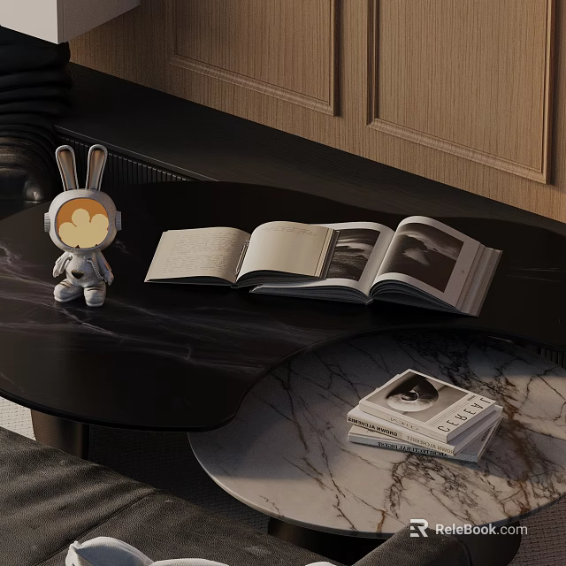 Modern Sofa and Coffee Table Set with Marble Texture Rabbit Figurine Open Book Magazines 3d model