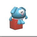 Blue Plush Toy with Big Ears Large Eyes and Pink Nose sitting on Red Cube
