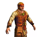 Rugged Explorer Character in Patched Clothing with Decorative Pouches and Creature Interaction