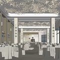 Modern Banquet Hall With White Tablecloths Chandeliers Floor to Ceiling Windows and Decorations