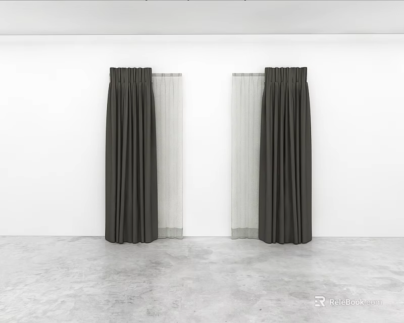Dark Gray Linen Curtains With Sheer Panels For Modern Window Decoration 3d model 