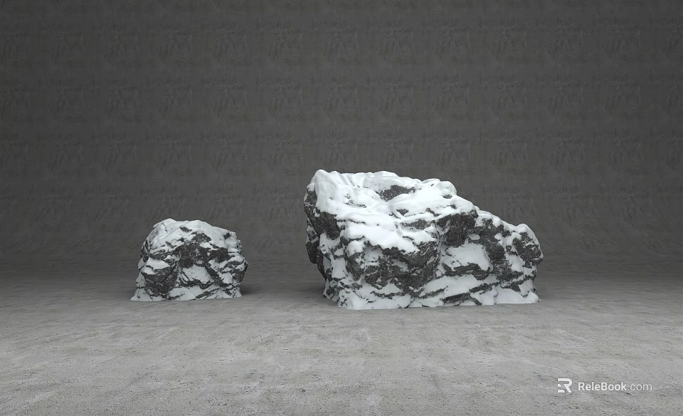 Natural Stone And Wood Elements With Snow Covered Surfaces In Gray Background 3d model 
