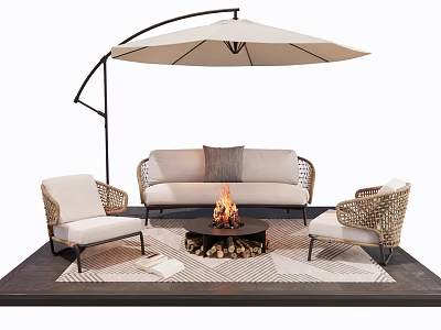Outdoor Wicker Sofa with Fire Pit Flames and Matching Chairs Under Umbrella 3d model