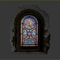 Gothic Style Stained Glass Window In Weathered Stone Arch Frame With Colorful Patterns