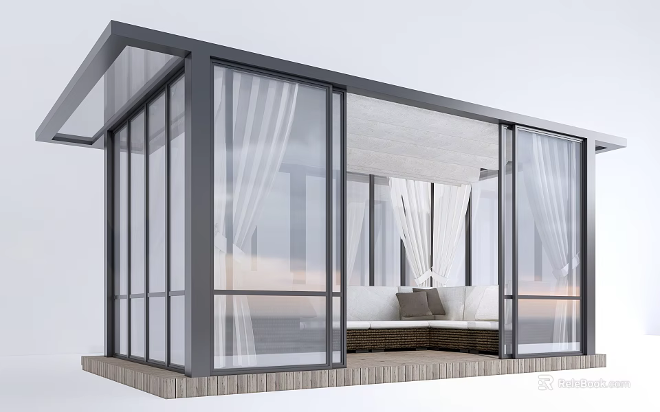 Garden Glass Sunroom Featuring Large Windows White Curtains Wooden Base And Comfortable Sofa 3d model 