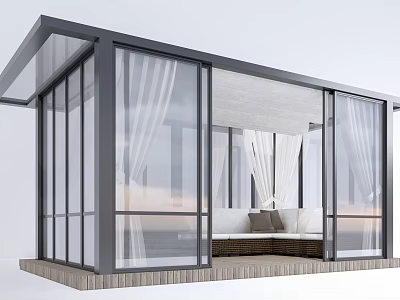 Garden Glass Sunroom Featuring Large Windows White Curtains Wooden Base And Comfortable Sofa 3d model