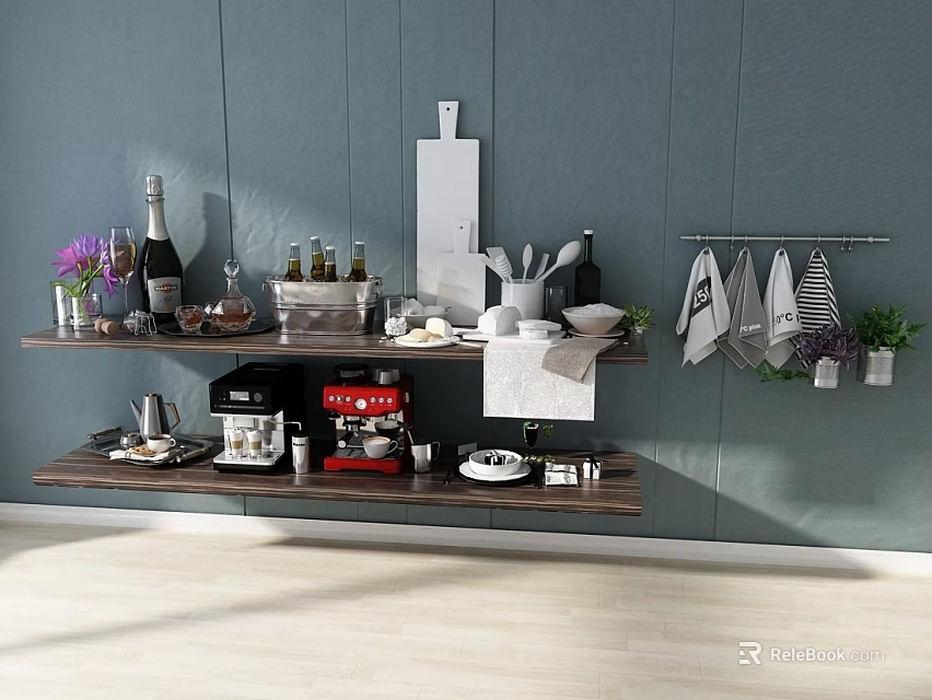 Modern Kitchen Tableware Set On Wooden Shelves With Wine Bottles Coffee Machine Bowls And Towels 3d model 