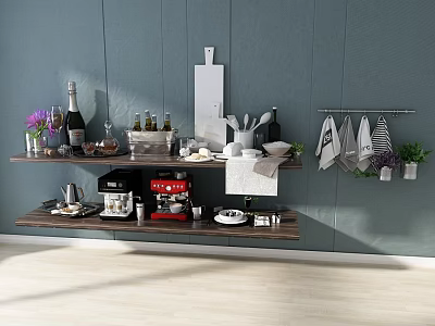 Modern Kitchen Tableware Set On Wooden Shelves With Wine Bottles Coffee Machine Bowls And Towels 3d model
