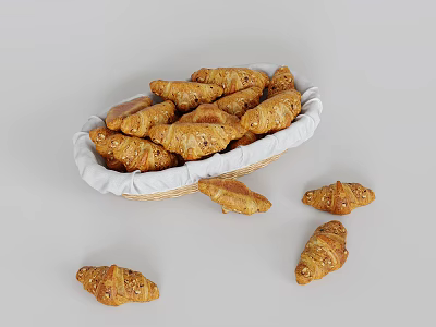 Freshly Baked Croissants in Wicker Basket with Scattered Croissants on White Background 3d model