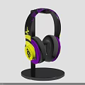 Patterned Over Ear Headphones With Black Purple Yellow Colors On Black Stand