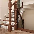 Staircase Hallway With Wooden Handrails Black White Patterned Steps Herringbone Wooden Flooring And Wall Sconces