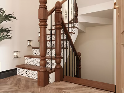 Staircase Hallway With Wooden Handrails Black White Patterned Steps Herringbone Wooden Flooring And Wall Sconces 3d model