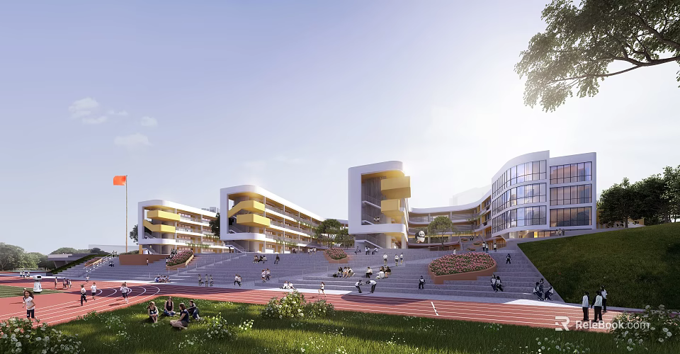 Modern School Buildings Featuring Yellow White Exterior Green Lawn Running Track And Student Activity 3d model 