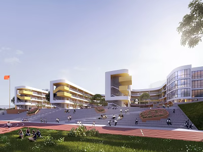 Modern School Buildings Featuring Yellow White Exterior Green Lawn Running Track And Student Activity 3d model
