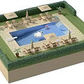 Scenic Backyard Pool Area With Green Hedge Umbrellas Loungers Palm Trees And Swan Decoration