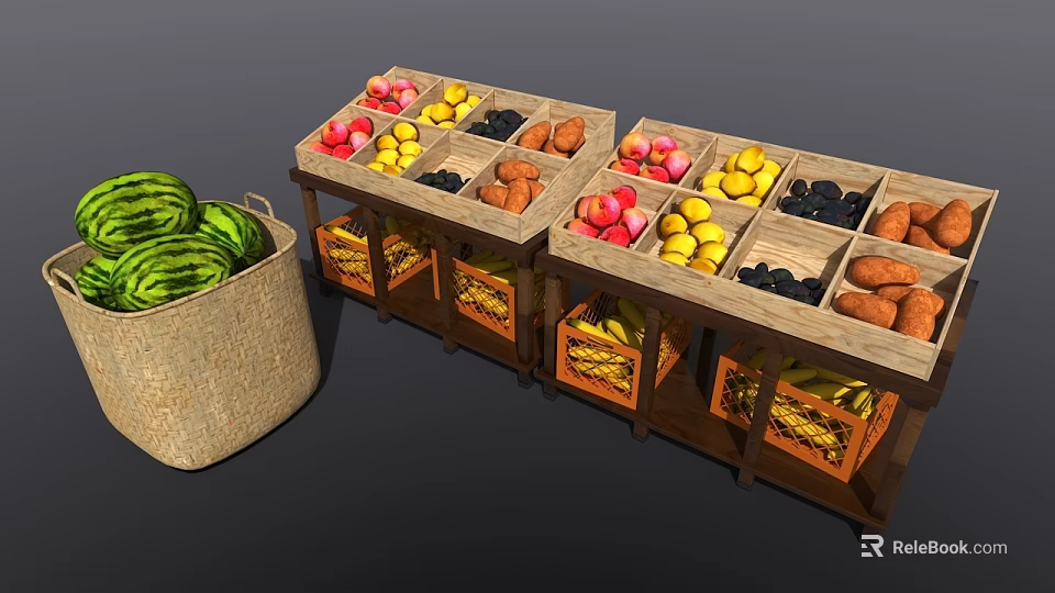 Assorted Fresh Fruits Displayed on Wooden Stalls with Watermelons Apples Bananas and Oranges 3d model 