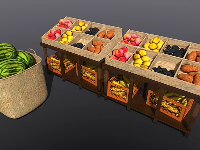 Assorted Fresh Fruits Displayed on Wooden Stalls with Watermelons Apples Bananas and Oranges 3d model