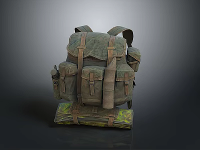 Tactical Military Style Backpack with Multiple Pockets Straps and Rolled Mat Design 3d model