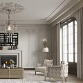 Elegant Living Room Interior With White Sofa Armchairs Chandelier Fireplace And Decorative Walls