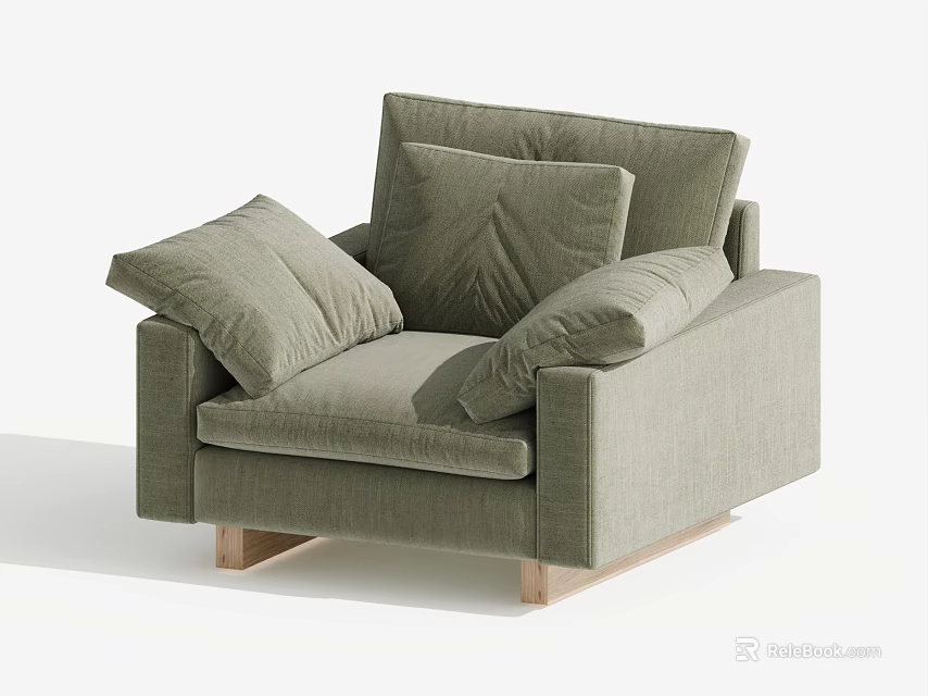 Modern Single Seater Sofa with Light Green Upholstery Wooden Legs and Soft Cushions 3d model 