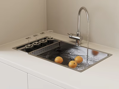 Stainless Steel Kitchen Sink With Running Water Faucet And Oranges On Countertop 3d model