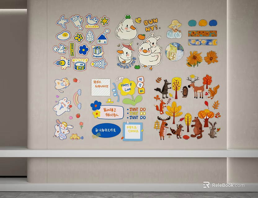 Colorful Cartoon Wall Decor With Animal Stickers Flowers Trees And Text 3d model 