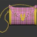 Stylish Pink Plaid Handbag With Gold Chain Rabbit Logo And Trim